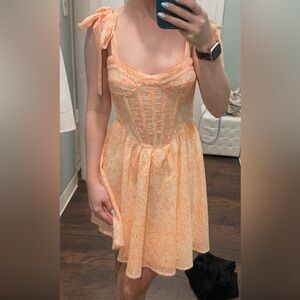 Orange Floral Corset tie-sleeve dress